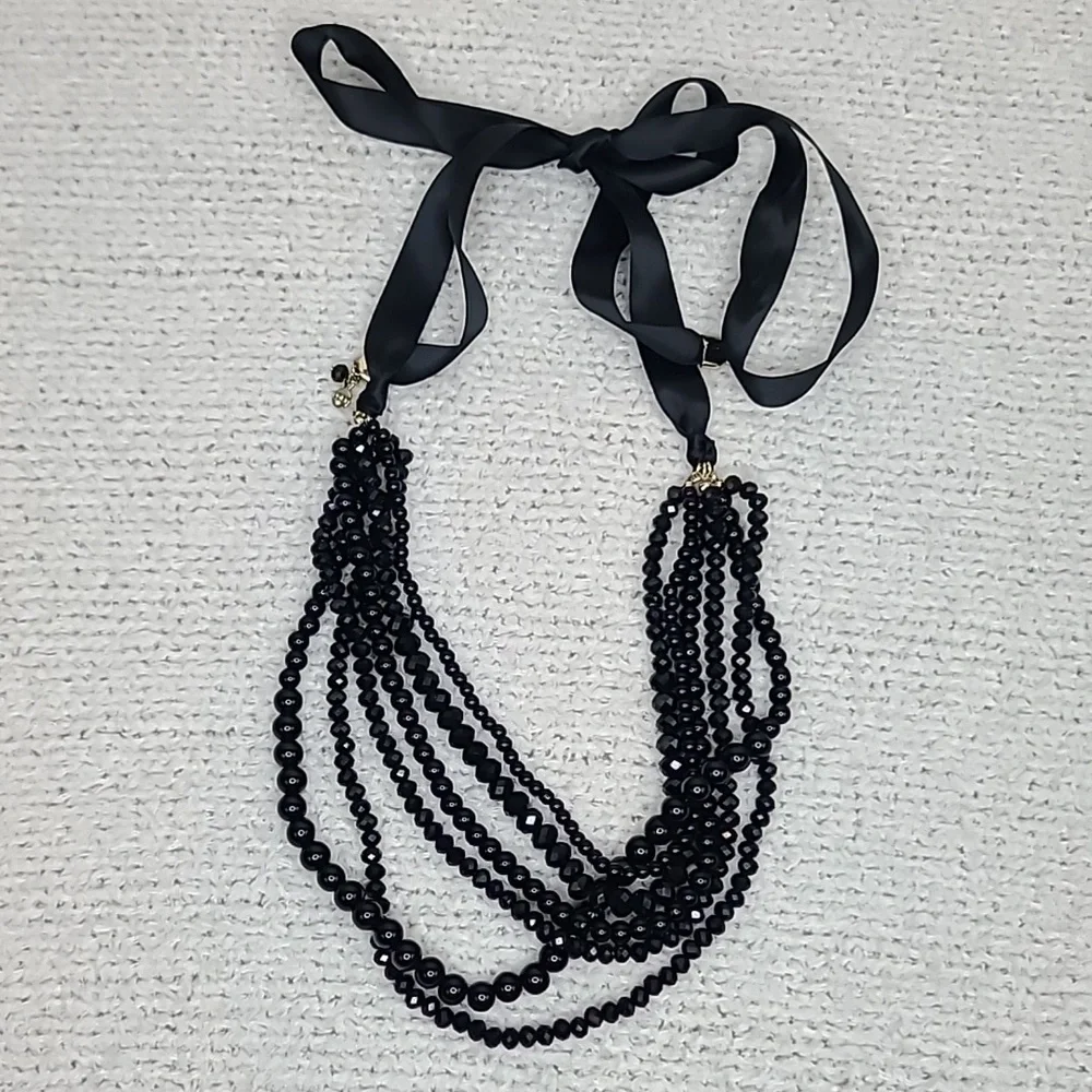 Ann Taylor Loft Elegant Black Beaded Multi Strand Layered Statement Bib Necklace